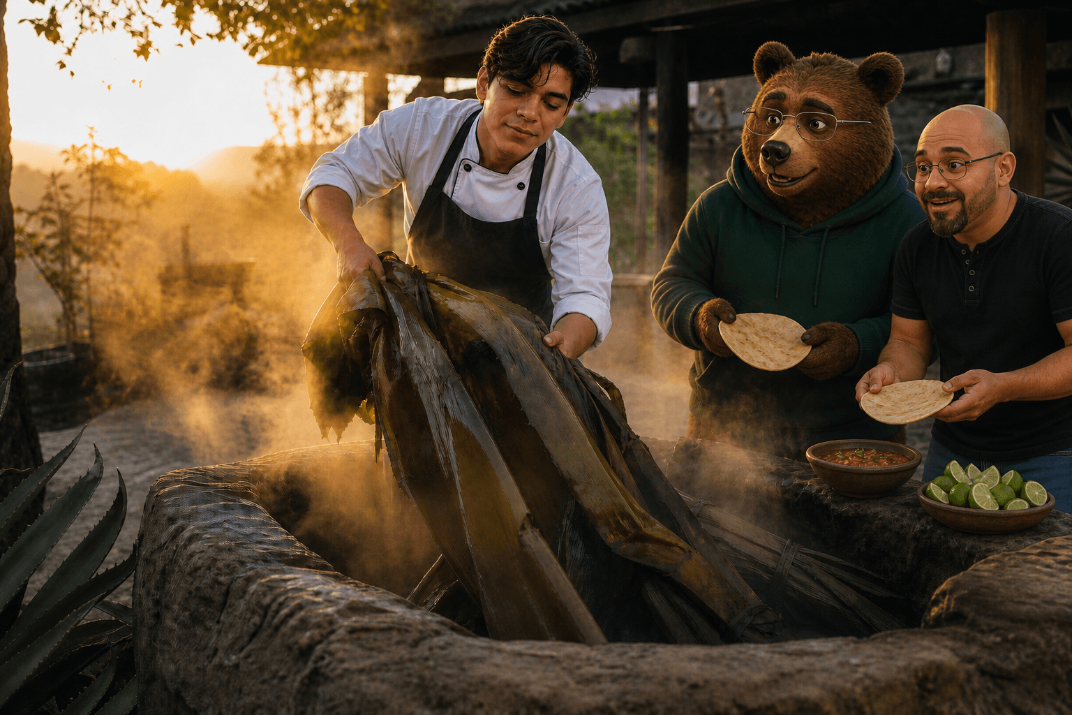 Alex abre el horno de tierra