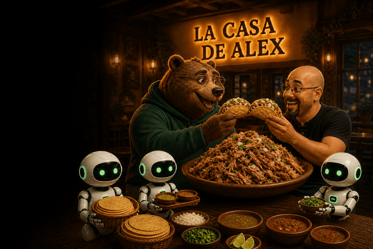 El oso y Raúl chocan sus tacos frente a La Casa de Alex
